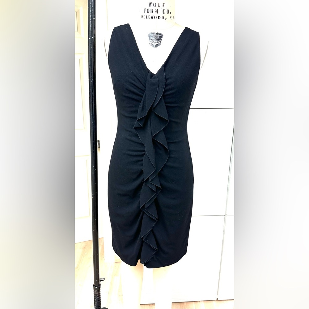 Elegant Black Front Ruffle Dress with shirring, sleeveless.